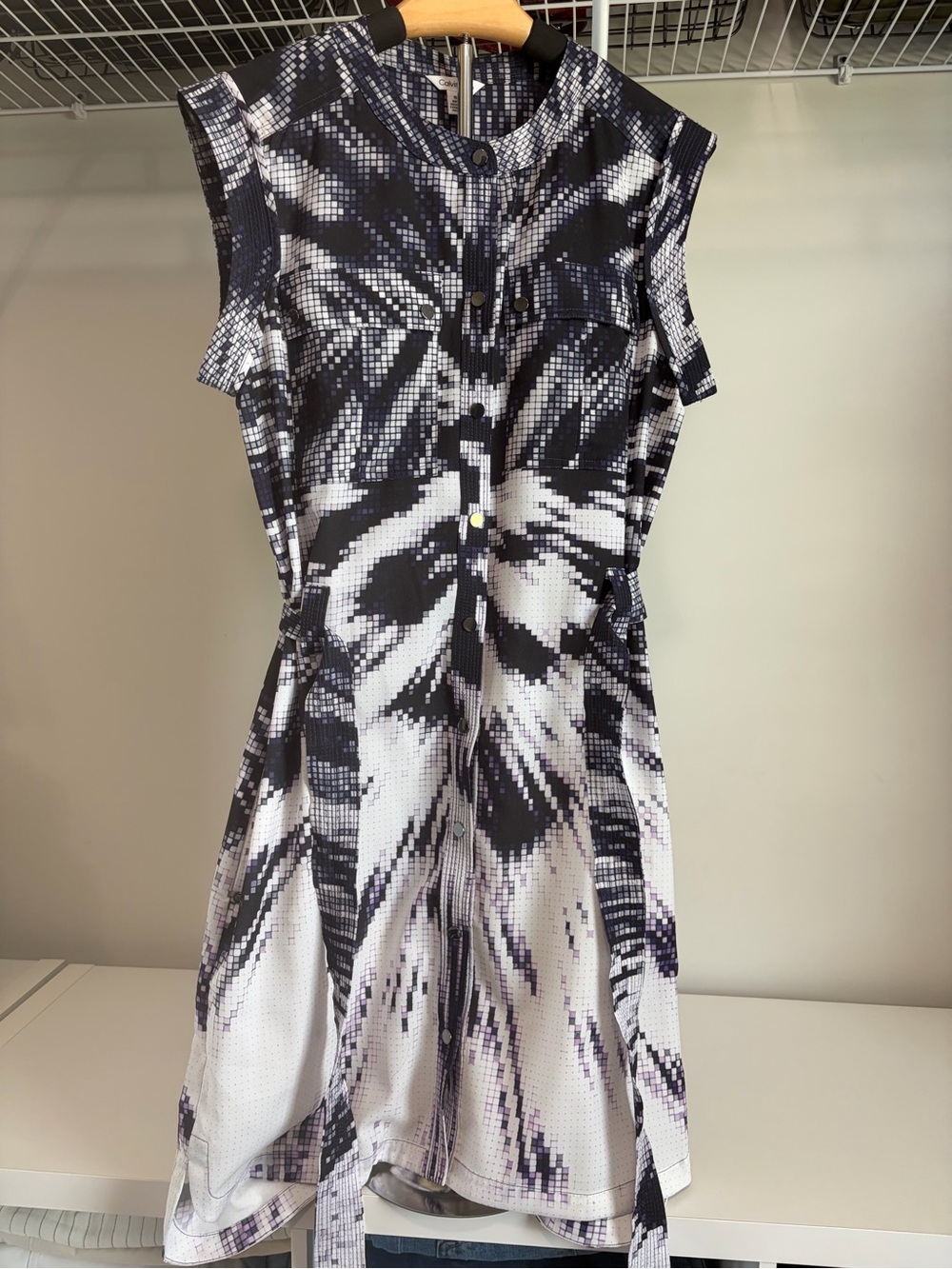 Calvin Klein Black & White Pixel Floral Midi Dress